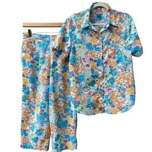 VTG Capacity Capri Set 80s Cotton Matching Floral Print High Rise Colorful Beach